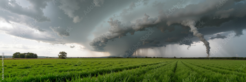 Fototapeta premium Massive tornado storm over green field under dark sky 