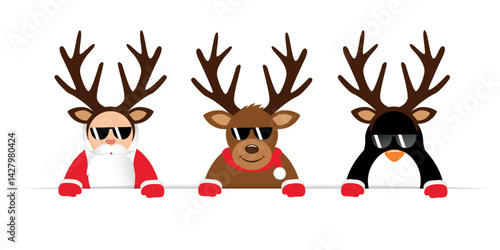 funny christmas cartoon with cute reindeer santa claus and penguin with sunglasses and antler vector illustration