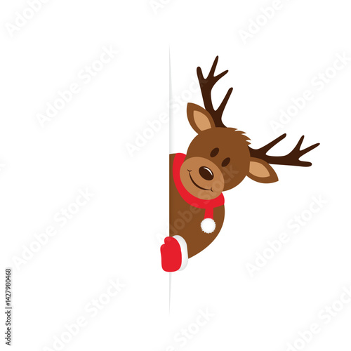 cute reindeer with looks around the corner funny christmas design vector illustration