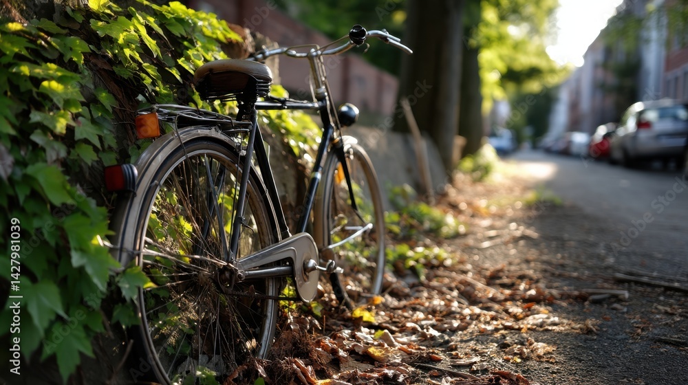 Fototapeta premium Abandoned vintage bicycle leaning against a leafy wall on a sunlit city street in late afternoon