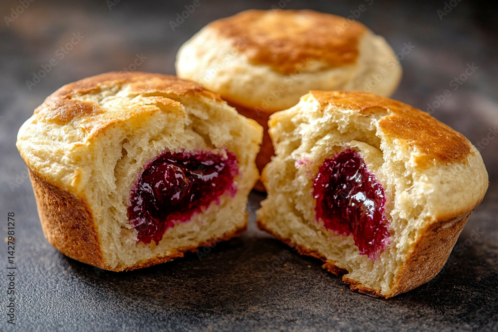 Classic English muffins with butter and jam, cut in half, showing the softness and texture of the pastry Classic English muffins with butter and jam, cut in half, showing the softness and texture of the pastry