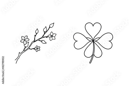 Minimalist Line Art Of Cherry Blossom Branch And Four Leaf Clover