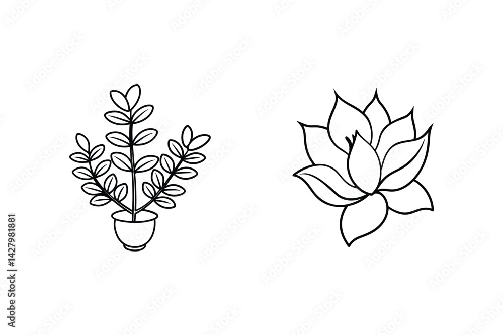 Fototapeta premium Simple Outline Drawing Of Potted Plant And Blooming Flower On White Background