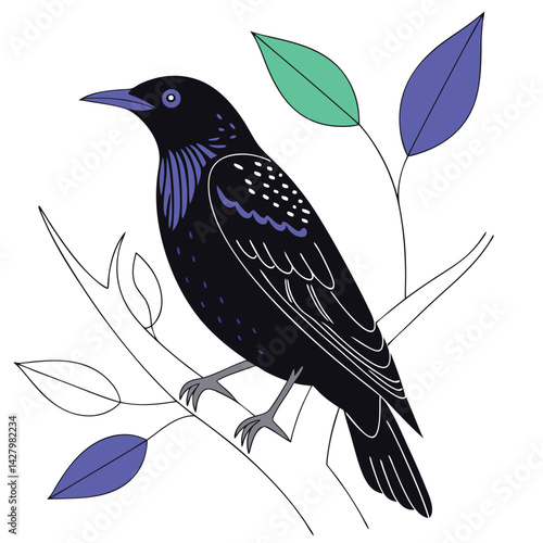 Starling Bird Illustration Shimmering Feathers and Flock Formation Art