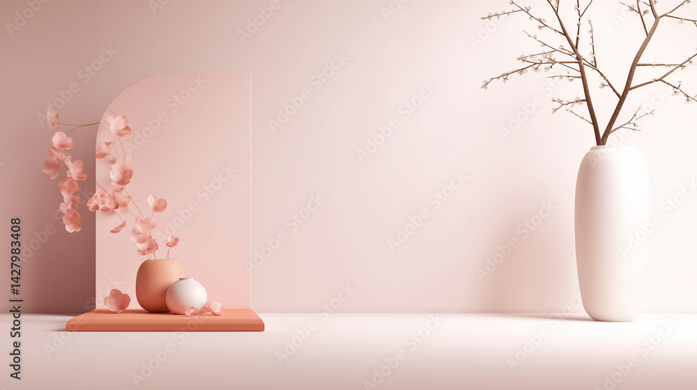Minimalist Floral Display with Vases on Soft Pink Background Minimalist Floral Display with Vases on Soft Pink Background