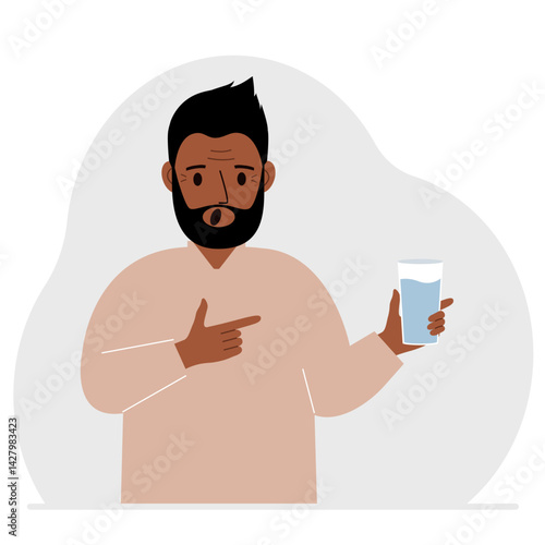 A man holds a glass of water in his hand. The concept of water balance and health. Vector flat illustration