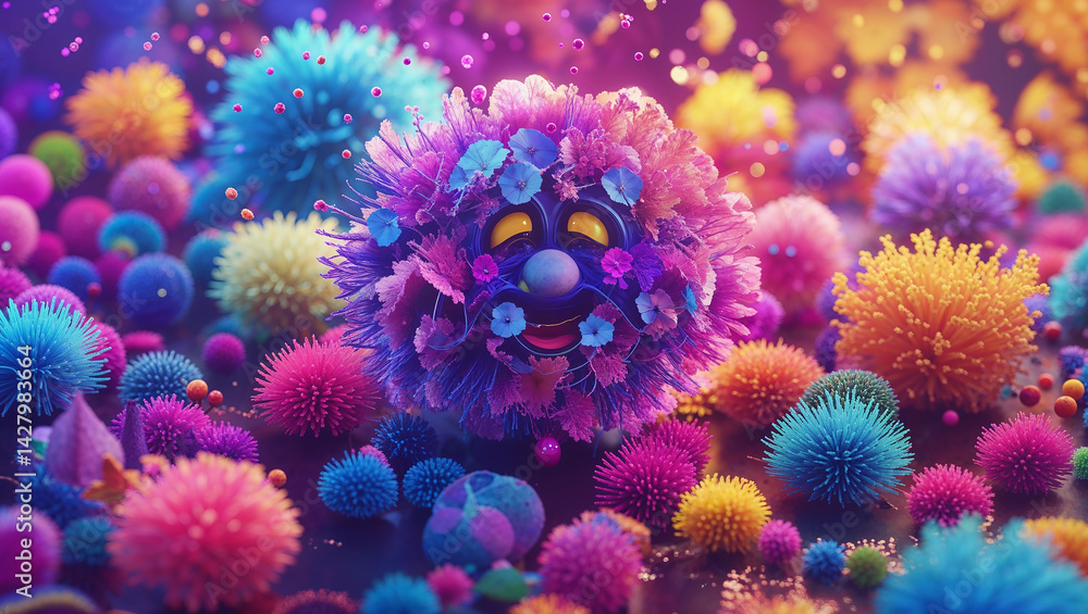 Smiling fluffy colorful character surrounded by pompoms and flowers