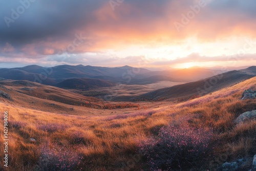 Golden Hour Serenity A Breathtaking Landscape of Rolling Hills at Sunset
