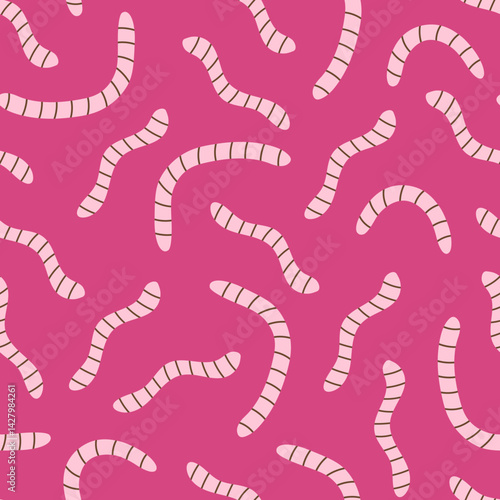 Worms Pink Seamless Pattern. Minimal hand drawn nature background with simple curvy squiggles larva. Repeat vector illustration