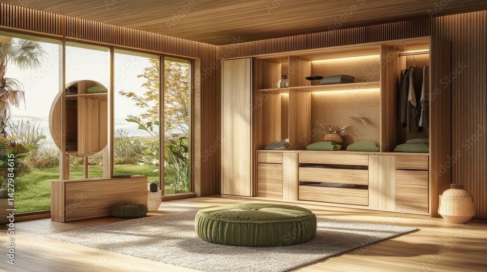 custom made wallpaper toronto digitalNatural wood wardrobe with earth-tone storage boxes and green accents