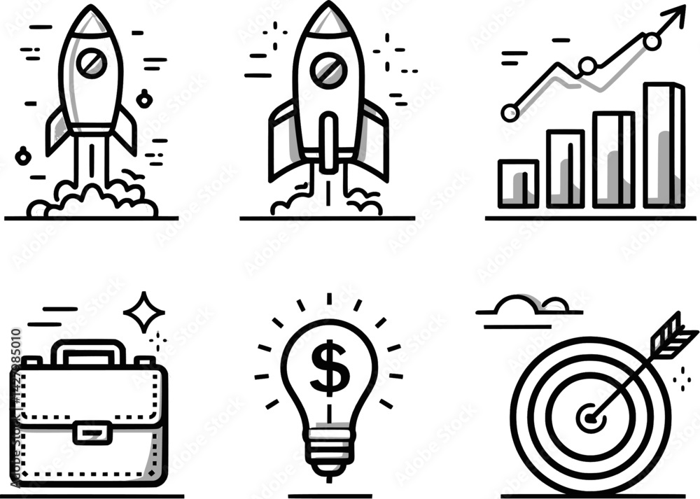 Fototapeta premium Set of 6 Business Icons – Rocket Launch, Growth Chart, Briefcase, Target