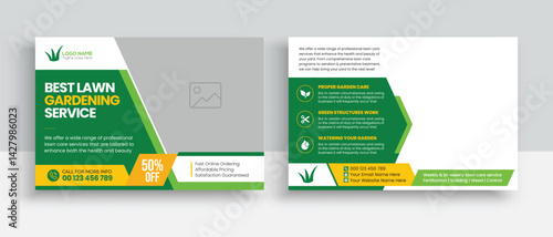 Lawn Mower Garden or Landscaping Service Postcard Template. Eddm Postcard Design, Event Card Design, Direct Mail Template, Invitation Design. leaflet, grass, equipment, gardener