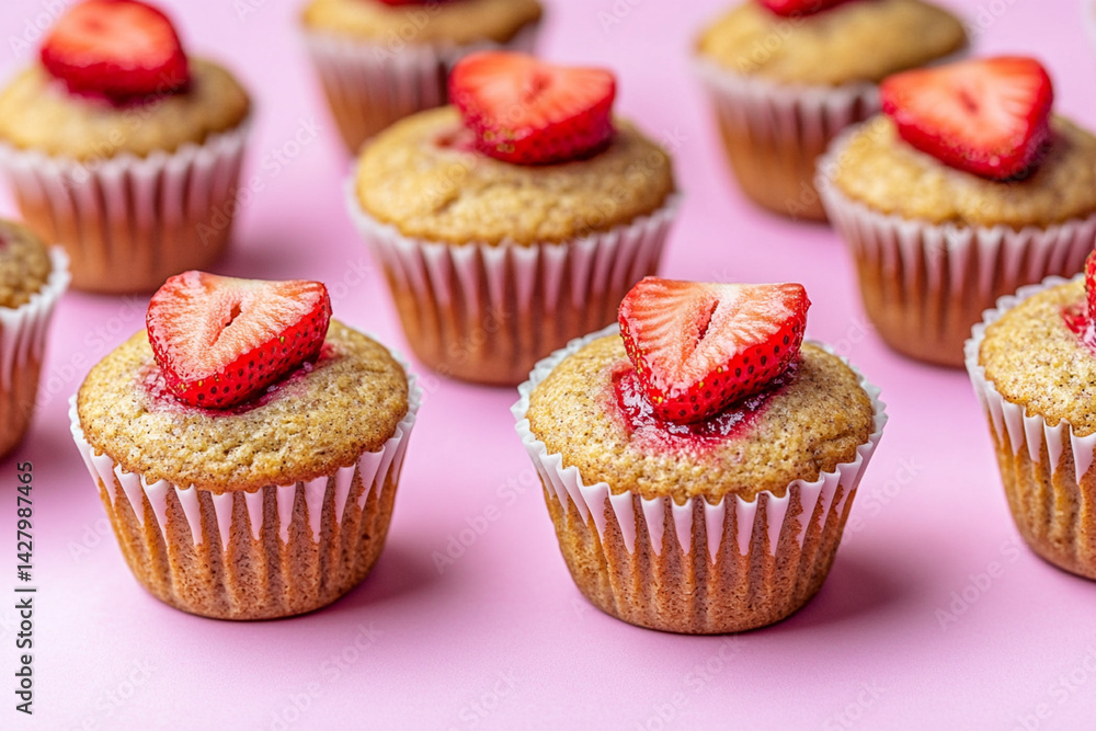 Miniature vegan muffins with almond flour and strawberry filling, on a pastel background with minimalist design Miniature vegan muffins with almond flour and strawberry filling, on a pastel background with minimalist design