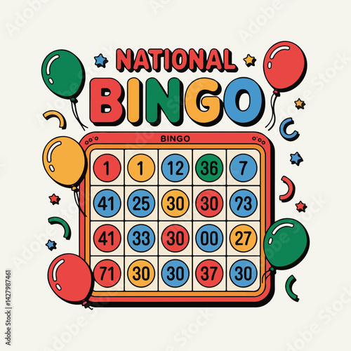Playful National Bingo Day Designs Featuring Bingo Balls, Cards, and Celebration Elements in Solid Colors for Event Promotion