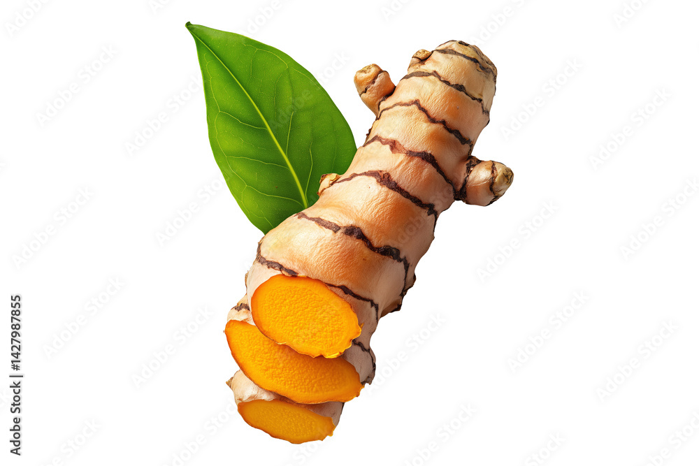Turmeric root with sliced pieces and green leaves isolated on white transparent background. Concept of freshness and health benefits Turmeric root with sliced pieces and green leaves isolated on white transparent background. Concept of freshness and health benefits