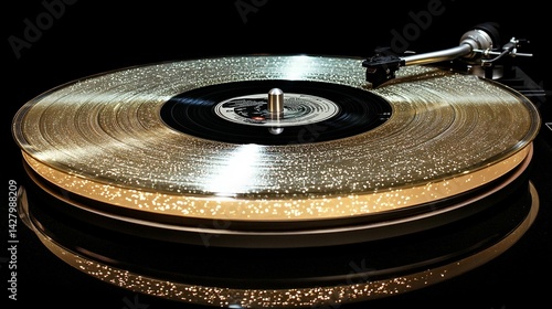 Gold vinyl record on turntable, close-up shot.