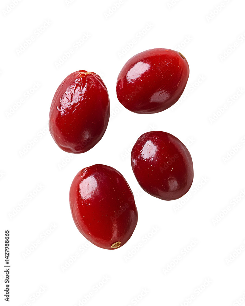 Four shiny red cranberries on black background Four shiny red cranberries on black background
