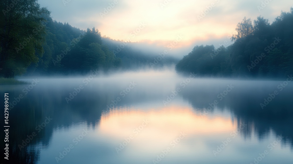 Fototapeta premium Misty lake at dawn reflecting soft colors and lush greenery