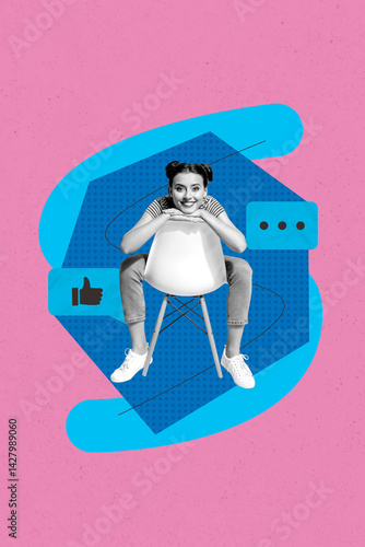 Obraz na płótnie Poster trend collage of person sit chair with speech bubble like reaction on pink color background w salonie