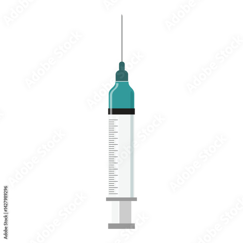 Vaccination injection syringe with blue medicine, clean clinical design, perfect for medical and science topics
