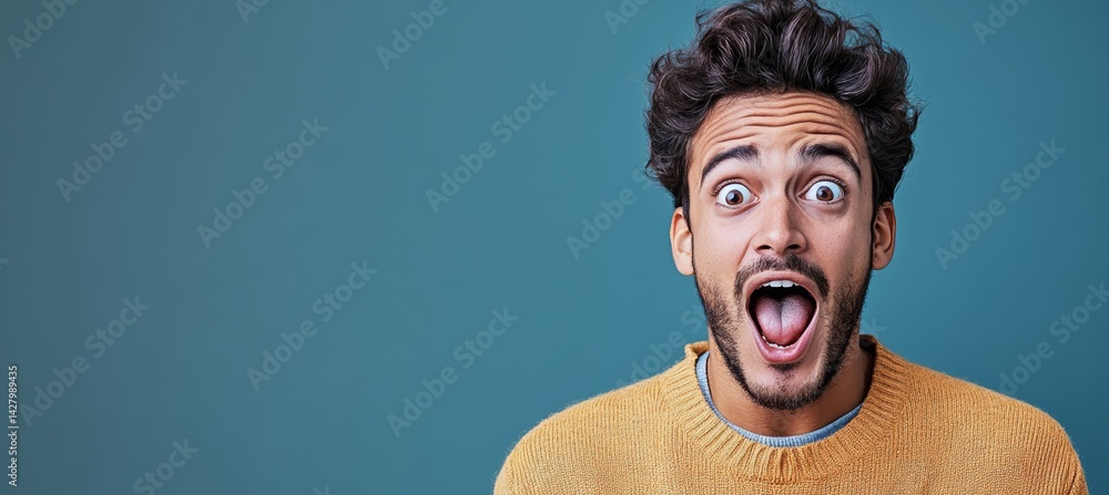 Man with a surprised expression on his face is wearing a yellow sweater. Concept of excitement and enthusiasm Man with a surprised expression on his face is wearing a yellow sweater. Concept of excitement and enthusiasm