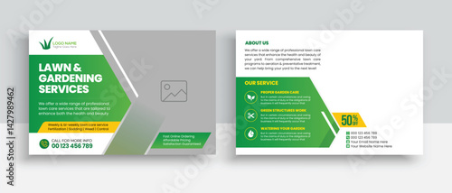 Lawn Mower Garden or Landscaping Service Postcard Template. Eddm Postcard Design, Event Card Design, Direct Mail Template, Invitation Design. leaflet, grass, equipment, gardener