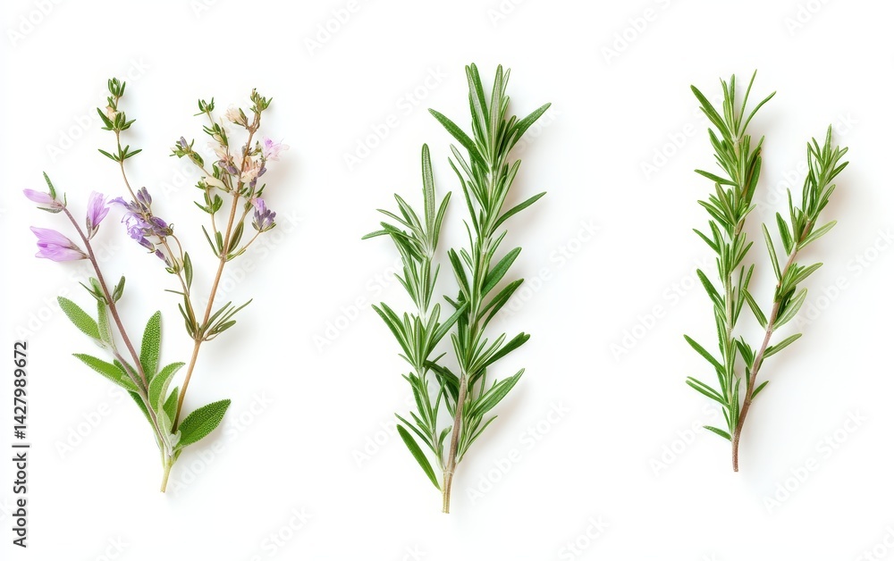 Obraz premium Three Fresh Sprigs of Rosemary and Sage Herbs Arranged Against a White Backdrop