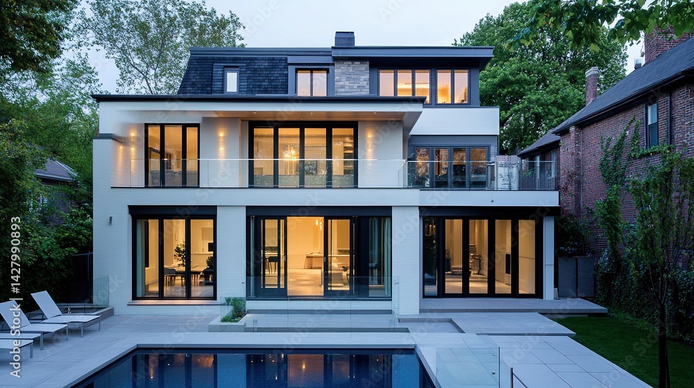 Fototapeta premium Modern contemporary luxury house with infinity pool reflecting evening sunset sky, featuring glass windows, balcony railings, large front door and minimalist architecture.