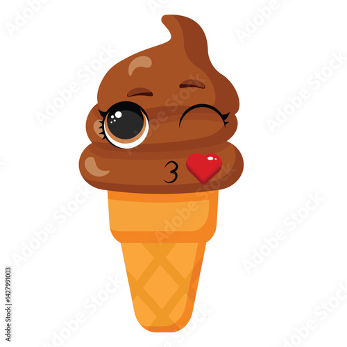 Flirty chocolate ice cream cone character with a wink Kissing frozen dessert illustration