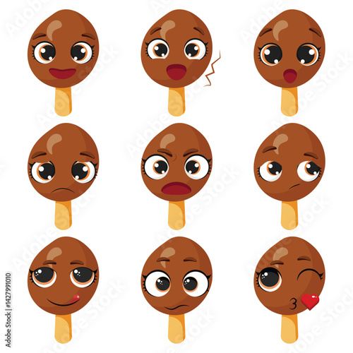 Nine chocolate popsicle characters with different expressions Happy, surprised, sad, worried, angry, silly, neutral, and flirty ice cream emoticons