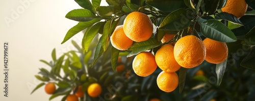 Bunch of oranges hanging from a tree. The oranges are ripe and ready to be picked. The tree is lush and green, and the oranges are bright and juicy
