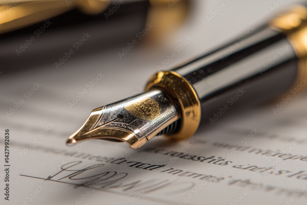 Fototapeta premium Close up of Gold and Black Fountain Pen on Signed Document