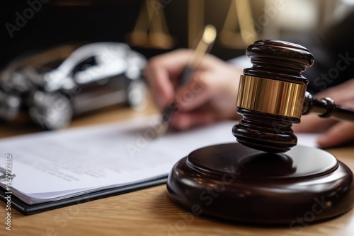 Close up of Gavel and Legal Documents on Wooden Desk, Blurred Background of Damaged Car and Hands Writing