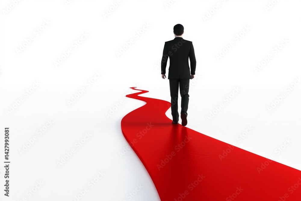 Businessman walks a winding red carpet path Businessman walks a winding red carpet path