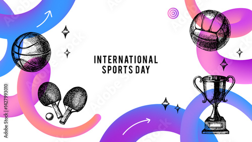 Background with sport trophies, medals, and game balls hand drawn in vintage sketch style. International Sports Day poster. Vector illustration.