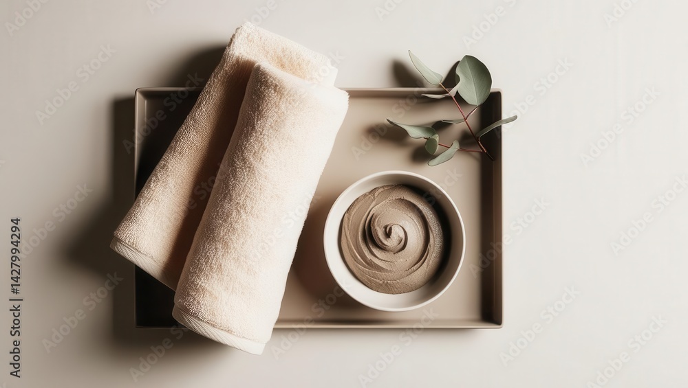 Fototapeta premium Relaxing spa treatment with clay mask and towels indoor setting aesthetic wellness experience