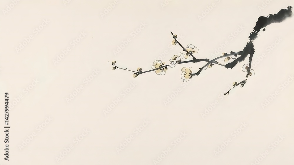 東洋水墨画の梅の花の枝を描いたミニマルなデザイン 白い背景に黄色の花と黒いインクアートの伝統的な芸術 東洋水墨画の梅の花の枝を描いたミニマルなデザイン 白い背景に黄色の花と黒いインクアートの伝統的な芸術