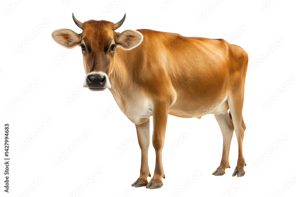 Brown jersey cow isolated on studio shot fur leg farm milk beef horn hair on transparent background Brown jersey cow isolated on studio shot fur leg farm milk beef horn hair on transparent background