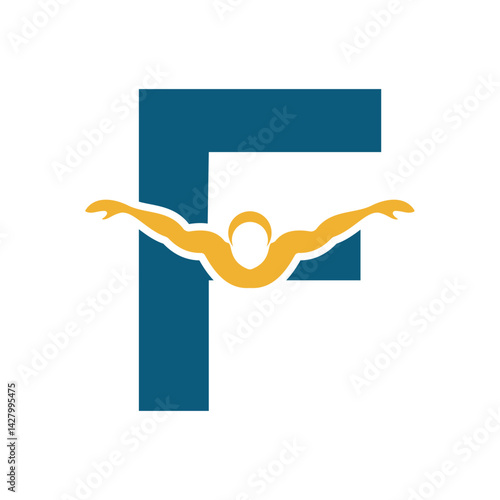 Swimming Logo combine with letter F vector template