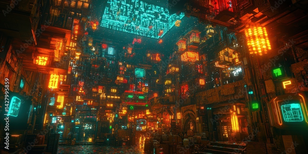 Obraz premium Vibrant neon-lit futuristic city streets.