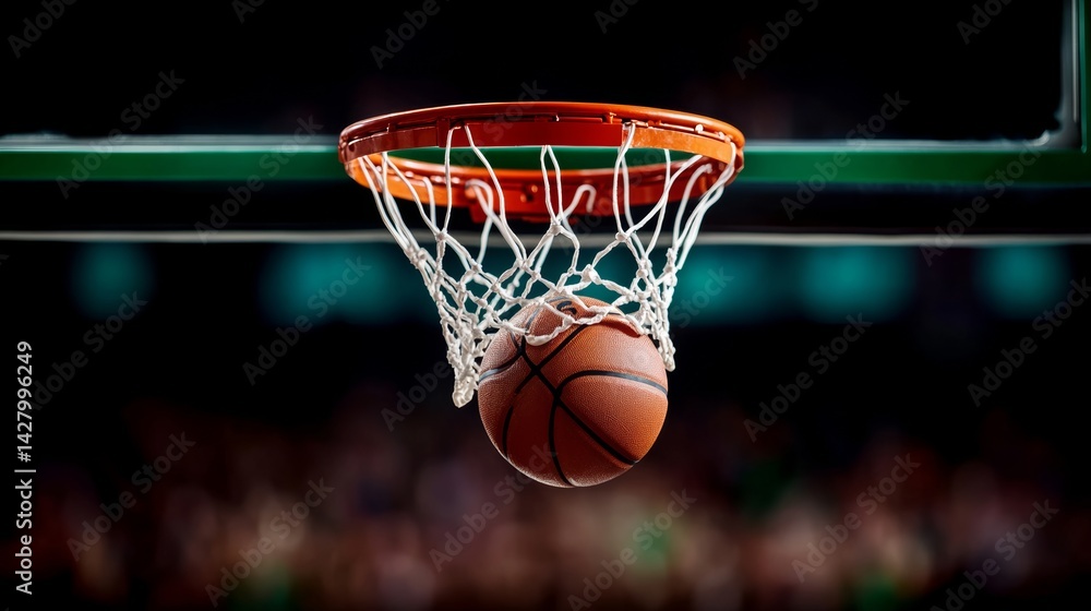 Basketball is in the air, about to go through a net. The image captures the excitement and anticipation of the game Basketball is in the air, about to go through a net. The image captures the excitement and anticipation of the game