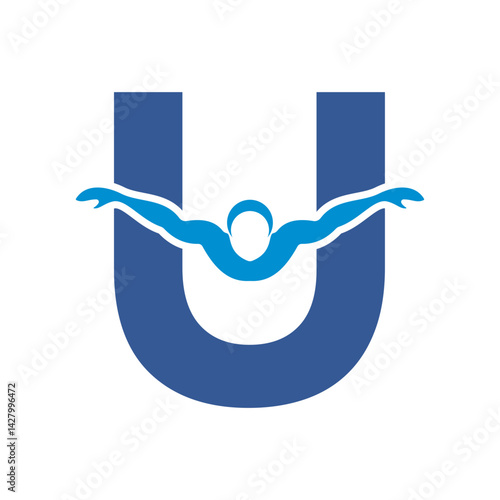 Swimming Logo combine with letter U vector template