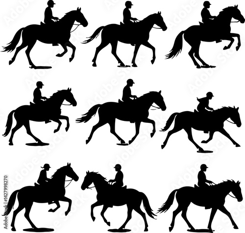 set of jockey horse riding silhouette vector illustration