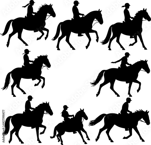 set of jockey horse riding silhouette vector illustration