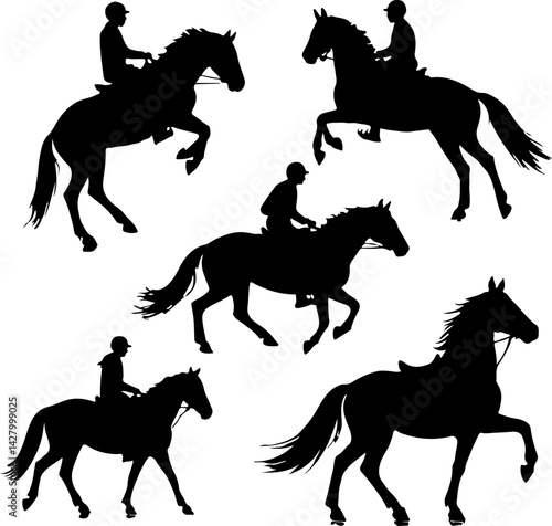 set of jockey horse riding silhouette vector illustration