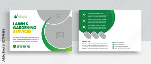 Lawn Mower Garden or Landscaping Service Postcard Template. Eddm Postcard Design, Event Card Design, Direct Mail Template, Invitation Design. leaflet, grass, equipment, gardener