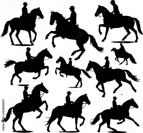 set of jockey horse riding silhouette vector illustration
