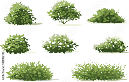 Watercolor illustration of diverse trees, shrubs, and bushes with green foliage in a hand-painted botanical garden scene

