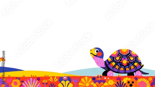 鮮やかな色使いのカメが花咲く庭を歩くイラスト 白い背景にカラフルなキャラクターデザイン