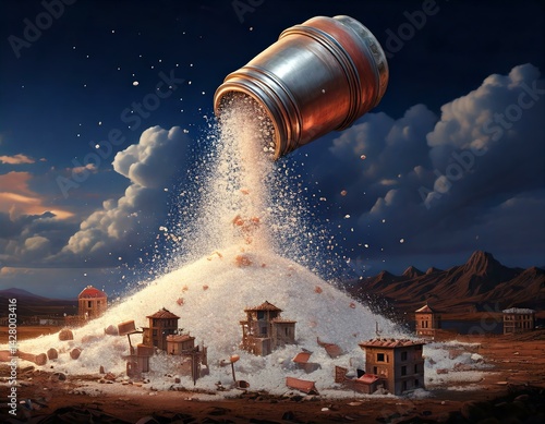 High-Sodium Foods and Kidney Risk: Surreal Art of High-Sodium Foods Destroying Kidney-Shaped Cities